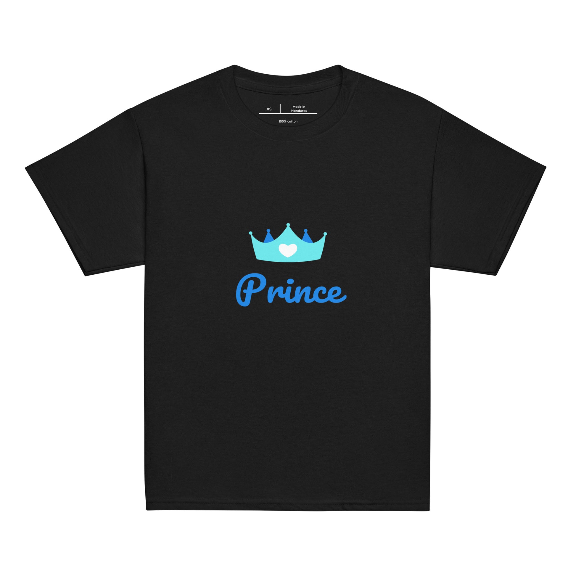 t-shirt noir col rond manche courte 100% coton inscription "prince" avec une couronne