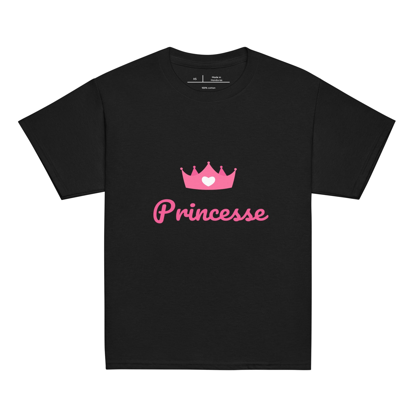 t-shirt noir col rond manche courte 100% coton avec inscription "Princesse" avec couronne rose