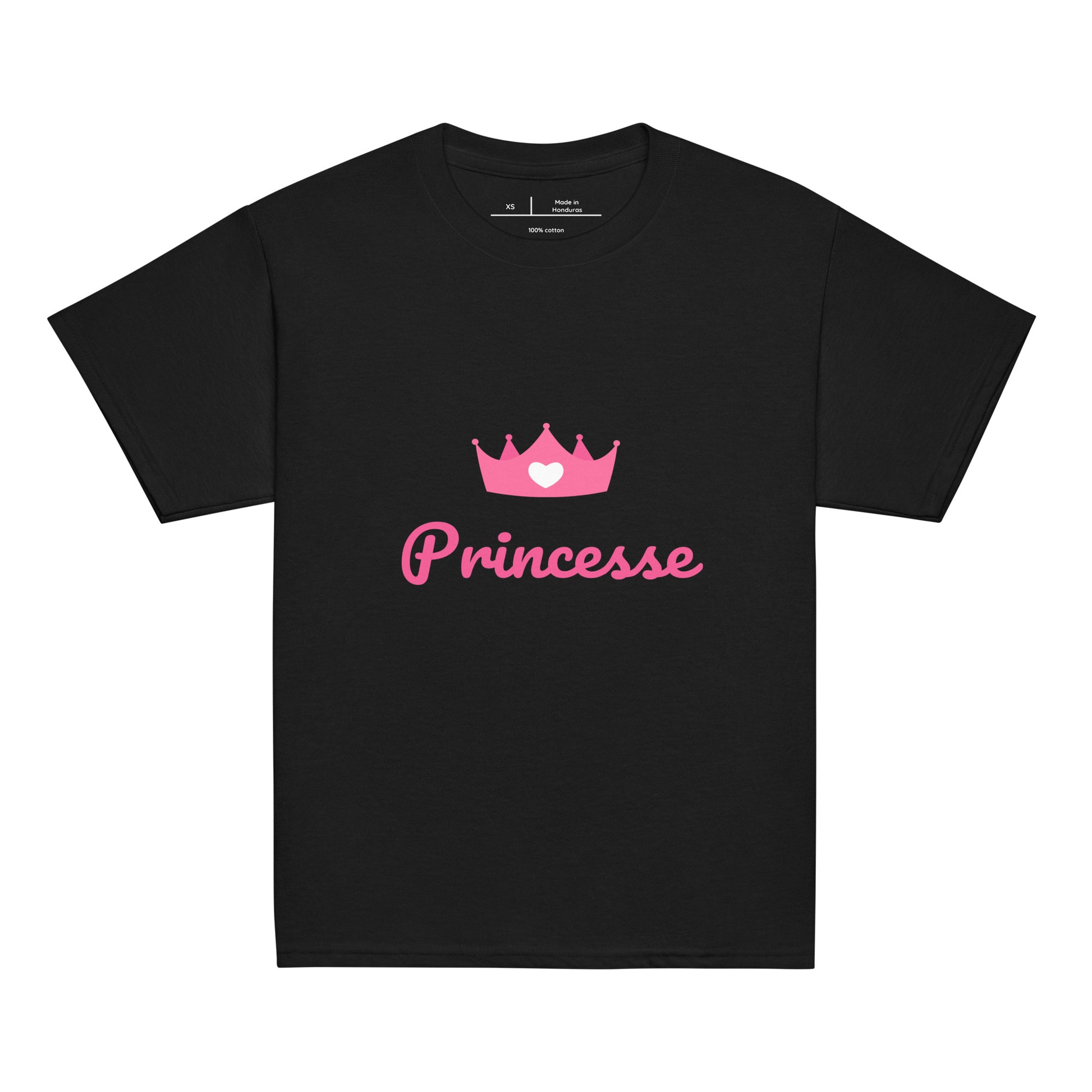 t-shirt noir col rond manche courte 100% coton avec inscription "Princesse" avec couronne rose