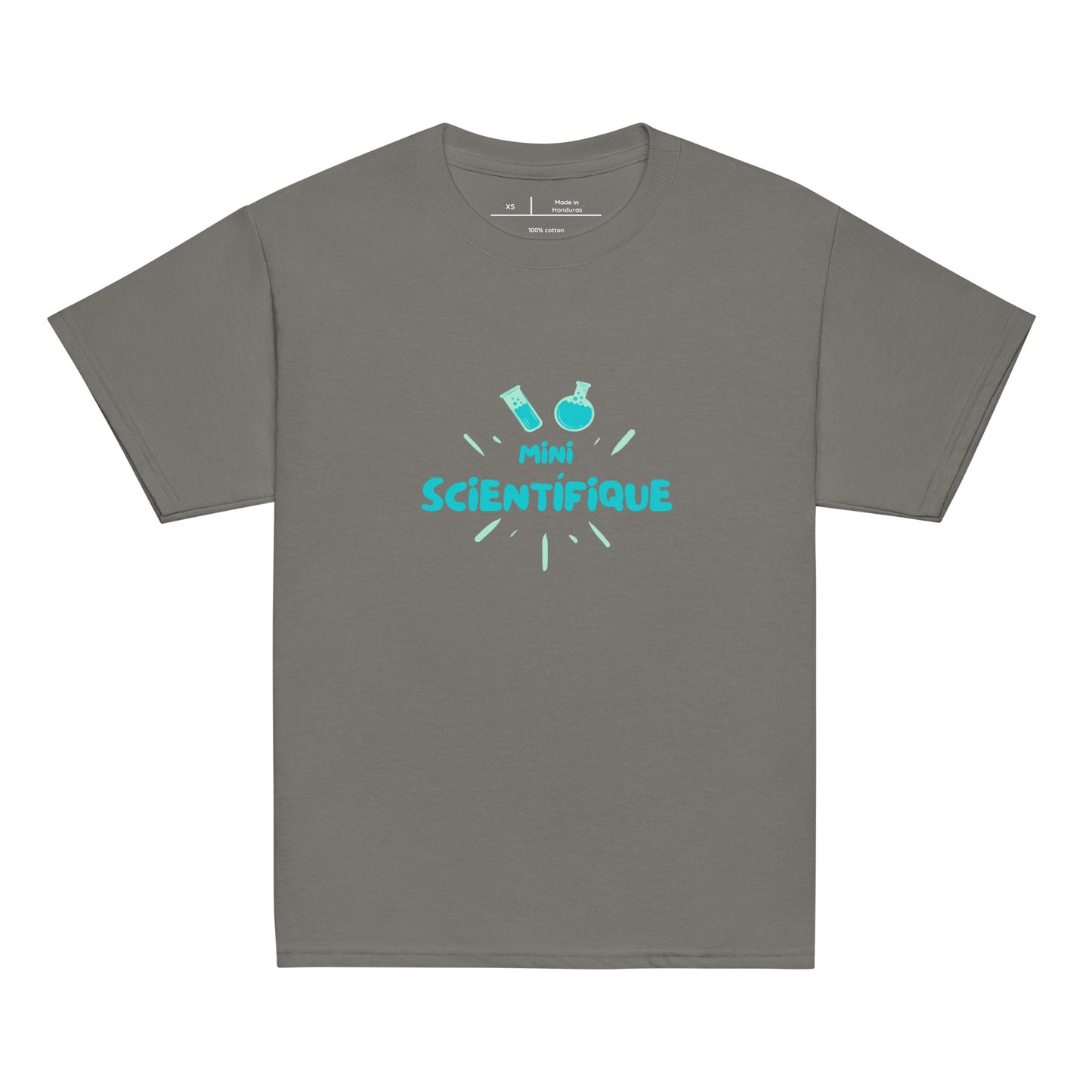 T-shirt enfant de couleur gris encolure ronde manche courte avec inscription "mini scientifique" écrite de manière sympa pour les passionnés de science