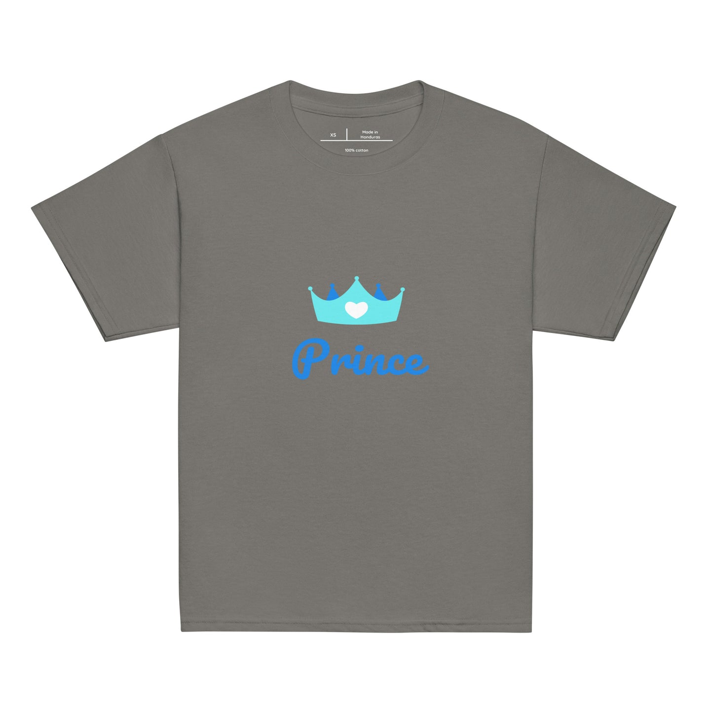t-shirt anthracite col rond manche courte 100% coton inscription "prince" avec une couronne