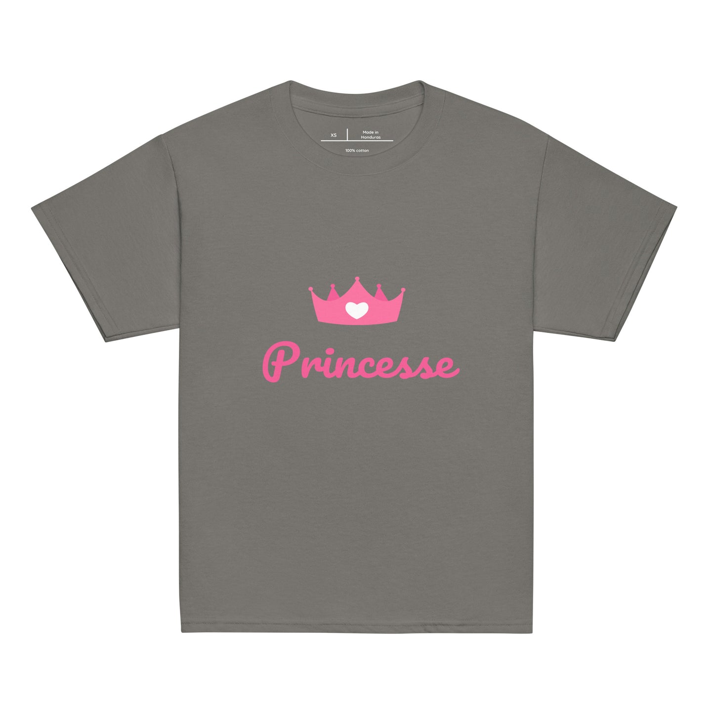 t-shirt anthracite col rond manche courte 100% coton avec inscription "Princesse" avec couronne rose