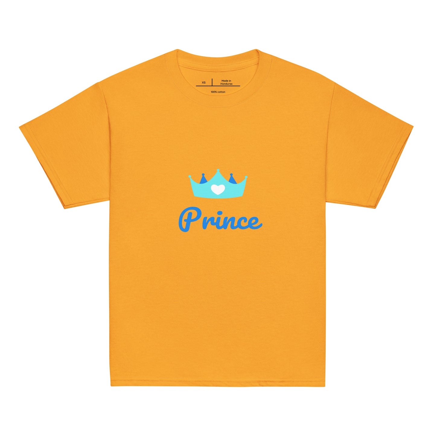 t-shirt orange col rond manche courte 100% coton inscription "prince" avec une couronne