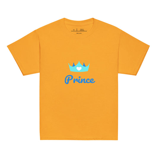 t-shirt orange col rond manche courte 100% coton inscription "prince" avec une couronne