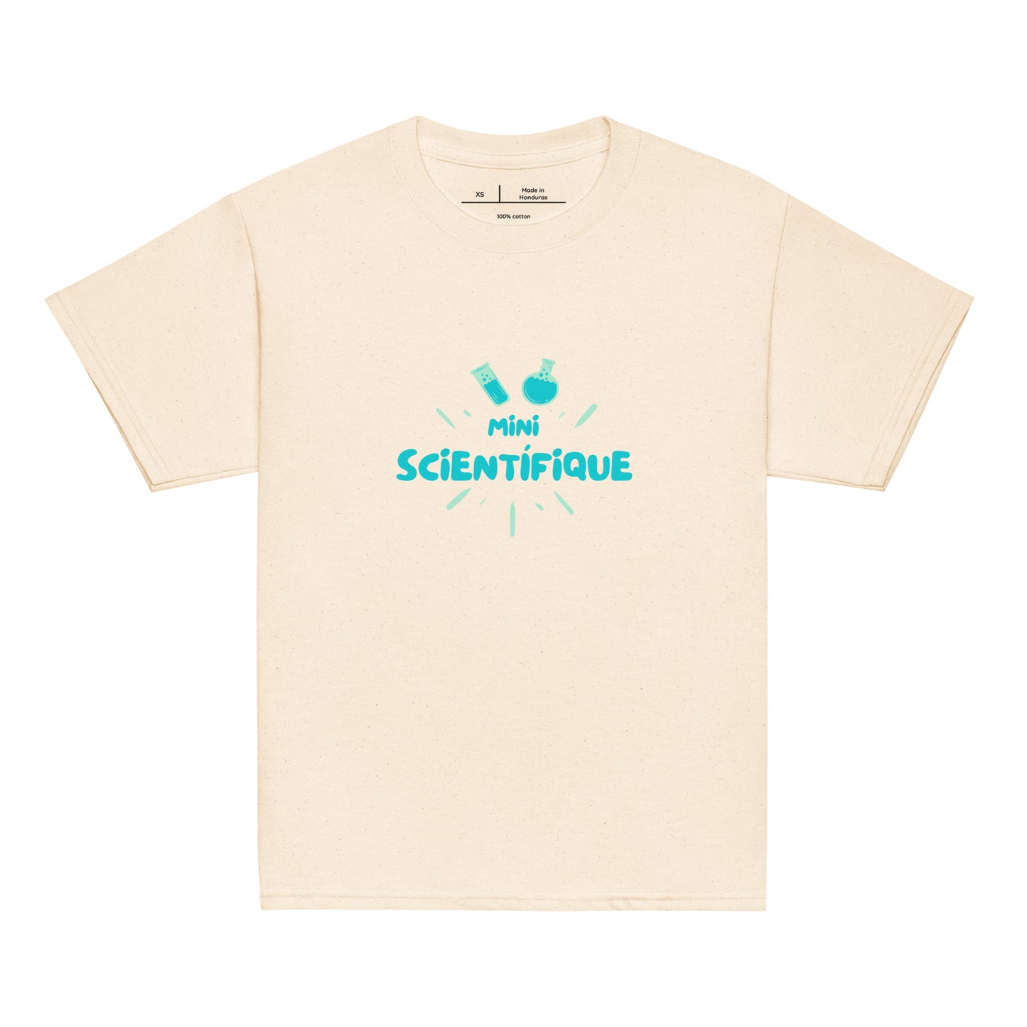 T-shirt enfant de couleur Beige encolure ronde manche courte avec inscription "mini scientifique" écrite de manière sympa pour les passionnés de science