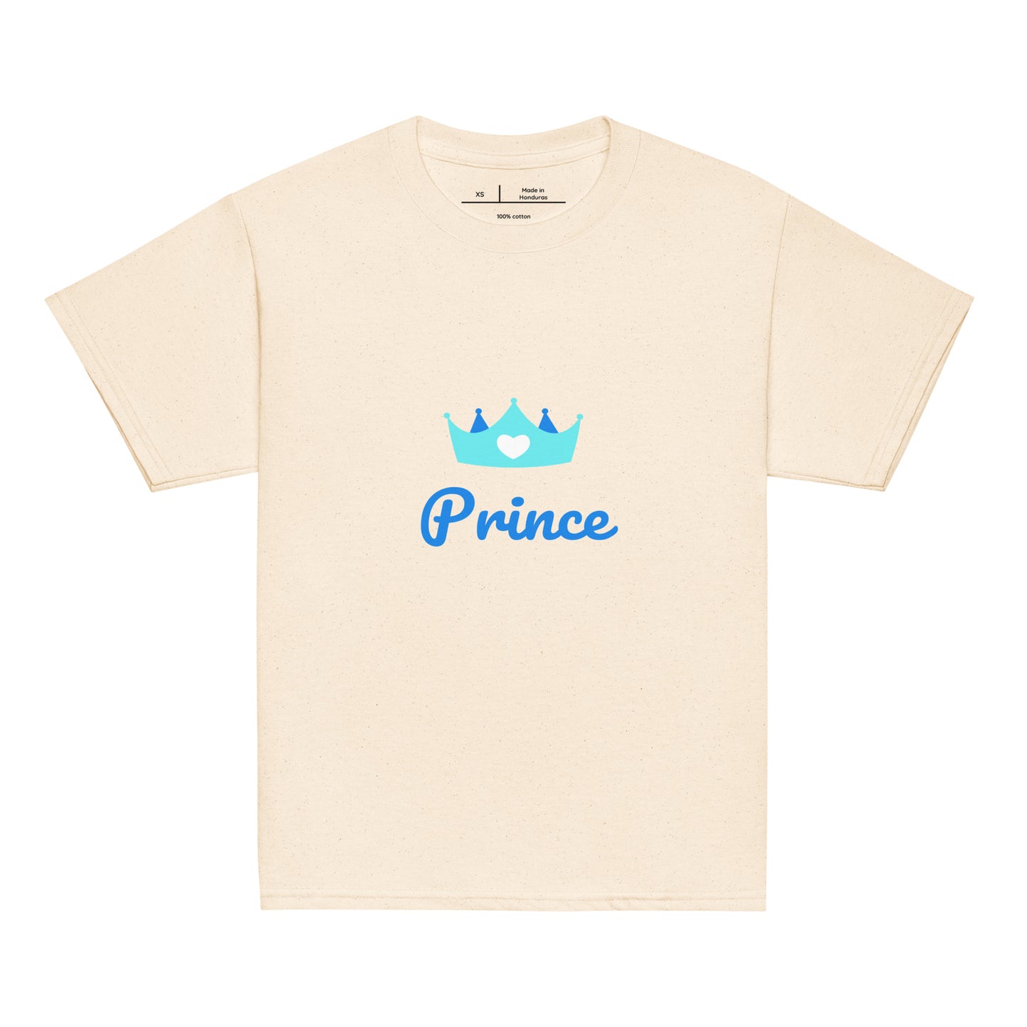 t-shirt natural col rond manche courte 100% coton inscription "prince" avec une couronne