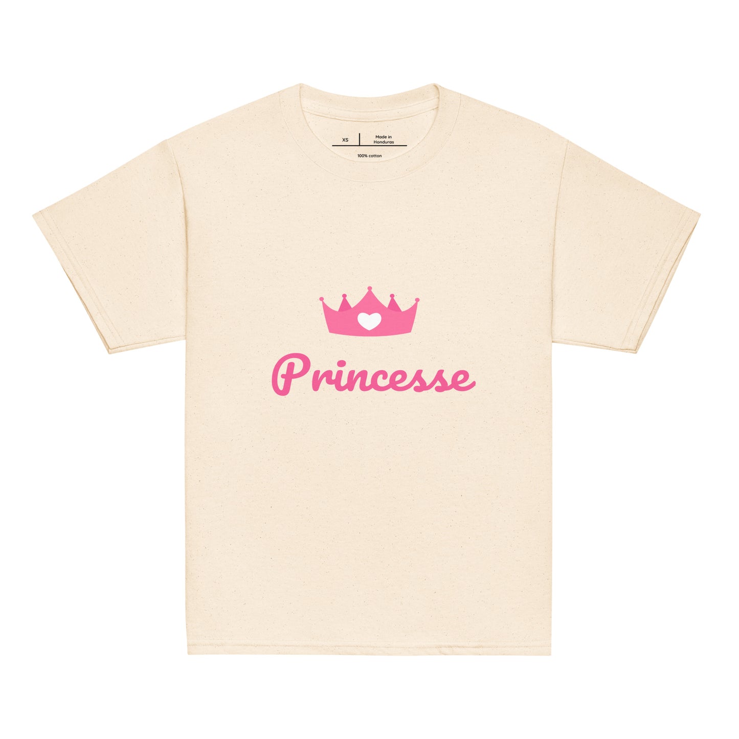t-shirt beige clair col rond manche courte 100% coton avec inscription "Princesse" avec couronne rose