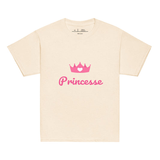 t-shirt beige clair col rond manche courte 100% coton avec inscription "Princesse" avec couronne rose
