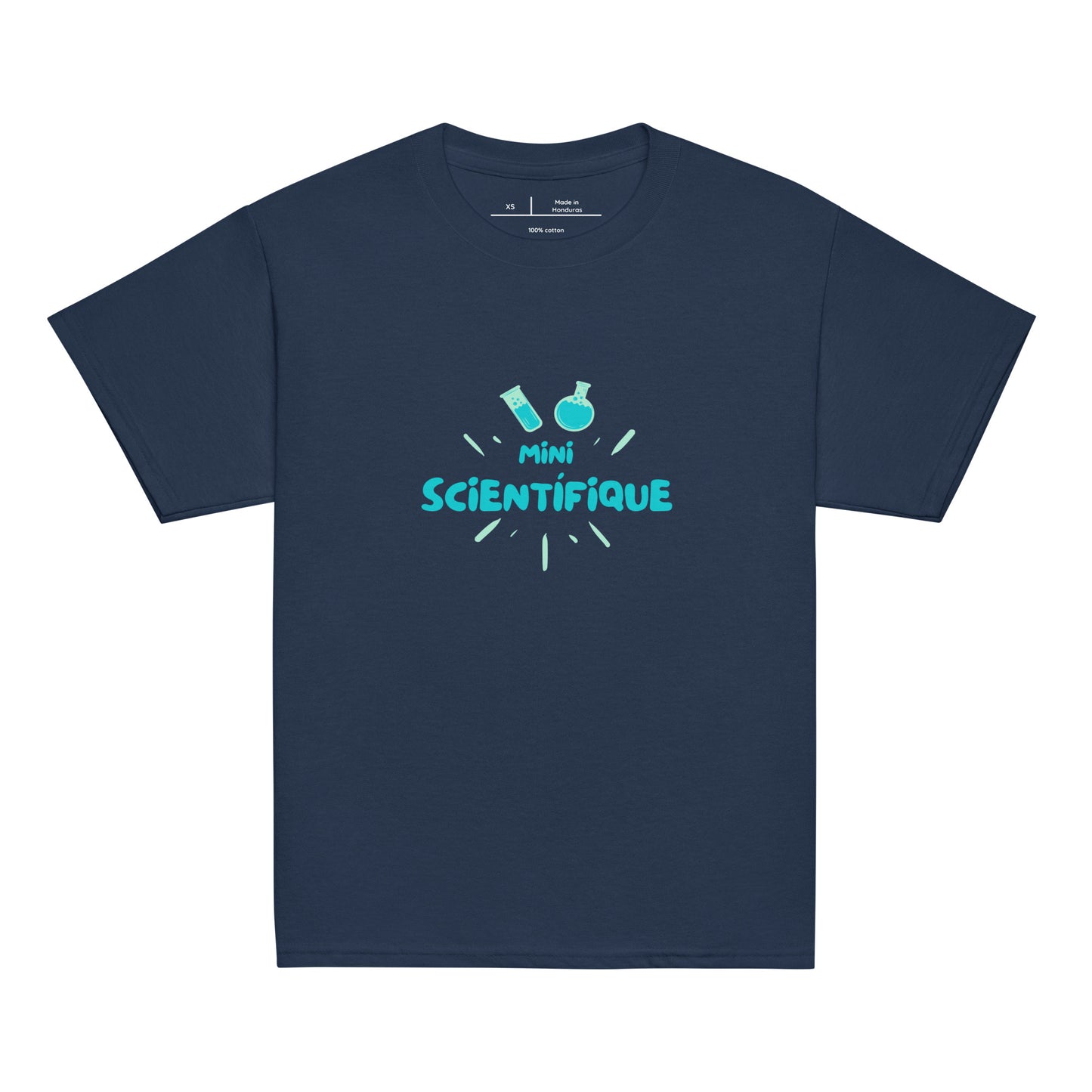 T-shirt enfant de couleur Bleu Marineencolure ronde manche courte avec inscription "mini scientifique" écrite de manière sympa pour les passionnés de science