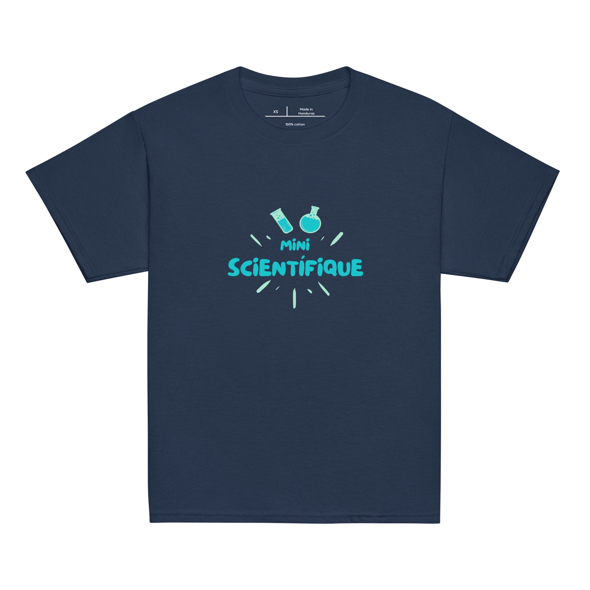 T-shirt enfant de couleur Bleu Marineencolure ronde manche courte avec inscription "mini scientifique" écrite de manière sympa pour les passionnés de science