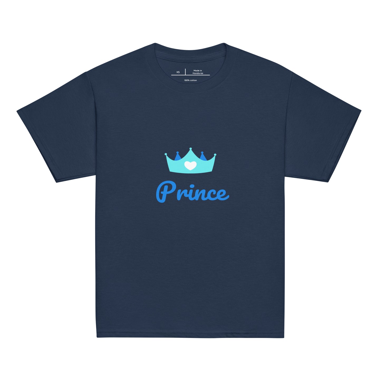 t-shirt bleu marine col rond manche courte 100% coton inscription "prince" avec une couronne