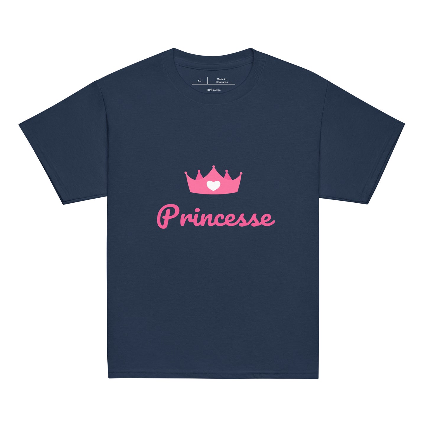 t-shirt bleu marine col rond manche courte 100% coton avec inscription "Princesse" avec couronne rose