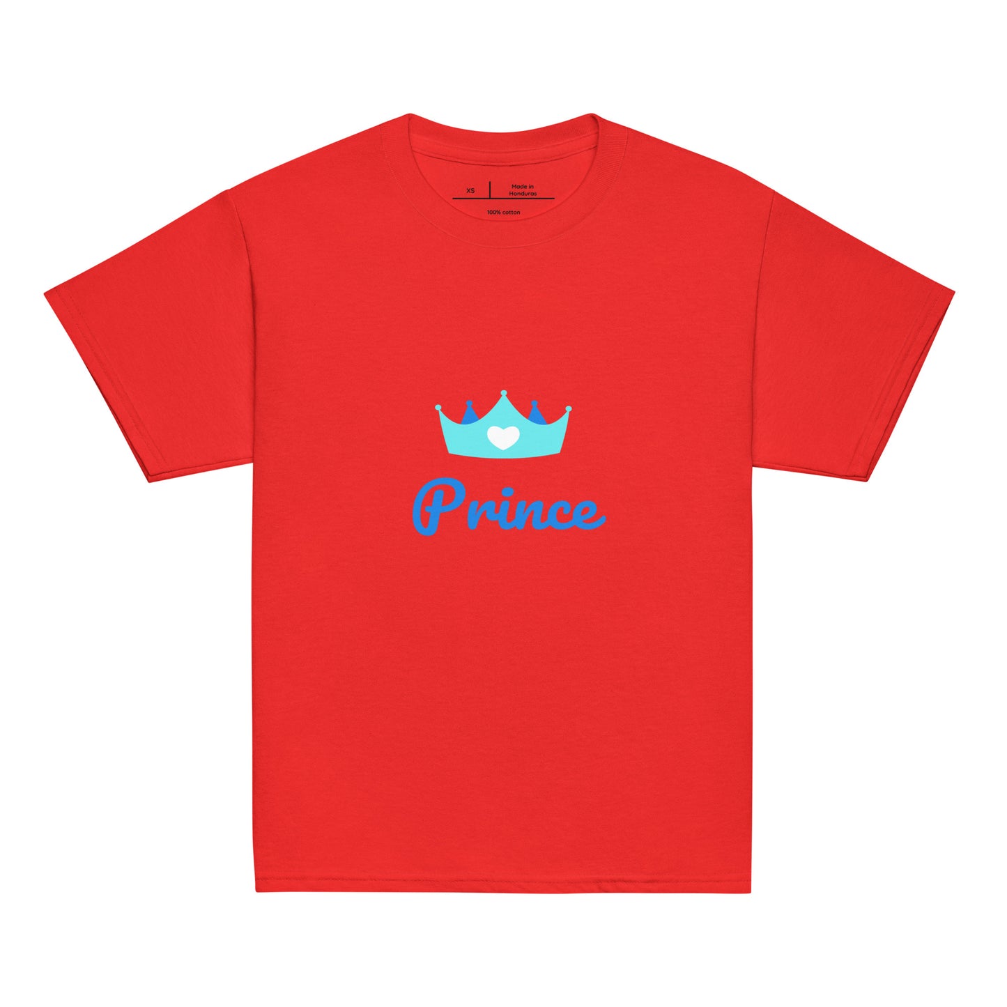t-shirt rouge col rond manche courte 100% coton inscription "prince" avec une couronne