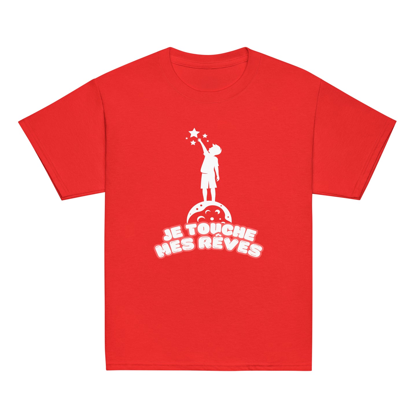 t-shirt de couleur rouge encolure ronde manche courte dessin enfant qui touche du bout des doigts les étoiles avec inscription : "je touche mes rêves"