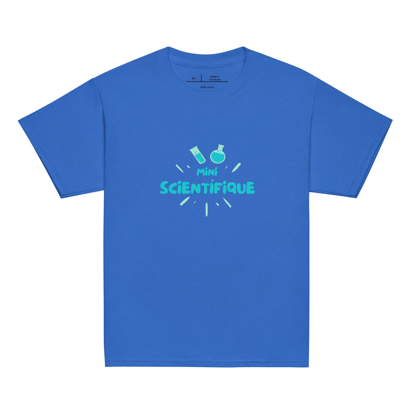 T-shirt enfant de couleur Bleu Royal encolure ronde manche courte avec inscription "mini scientifique" écrite de manière sympa pour les passionnés de science