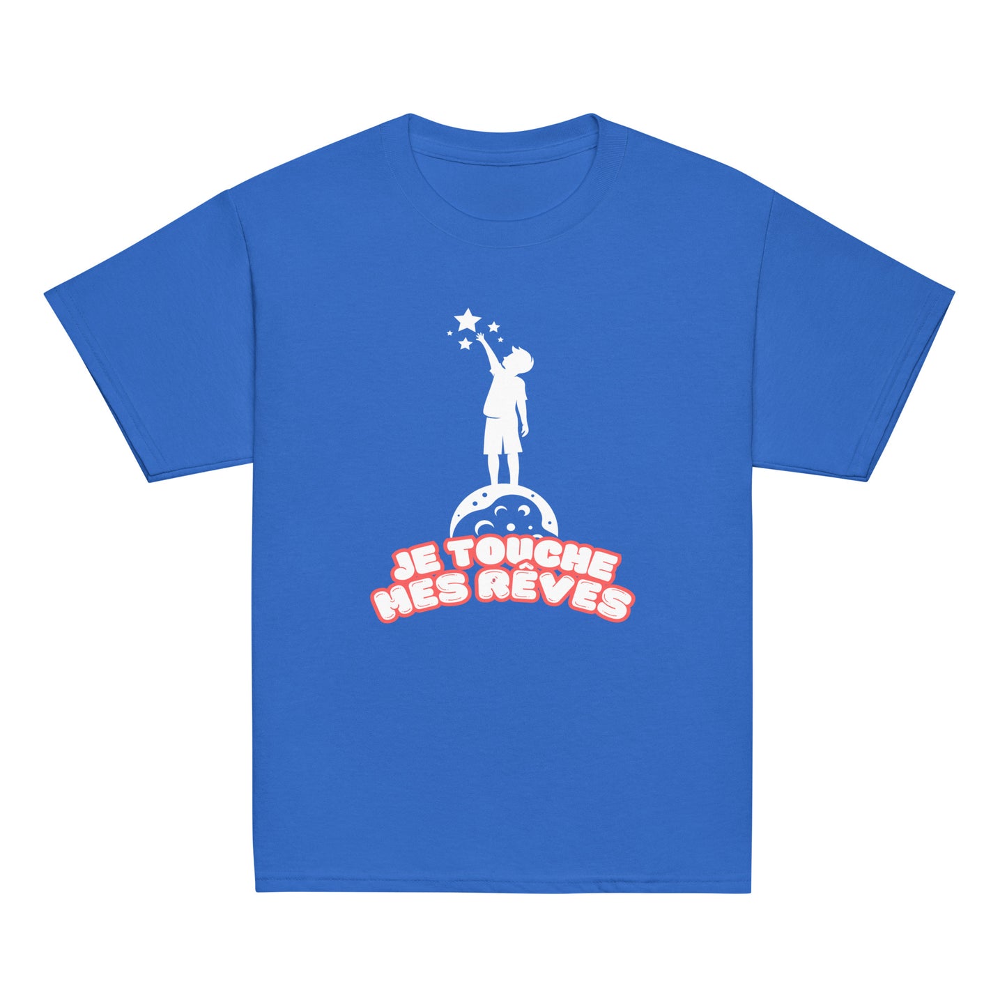 t-shirt de couleur bleu roi encolure ronde manche courte dessin enfant qui touche du bout des doigts les étoiles avec inscription : "je touche mes rêves"