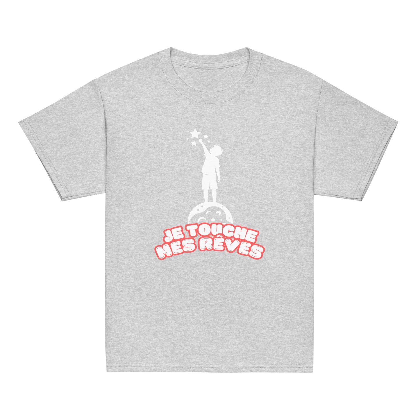t-shirt de couleur gris chiné encolure ronde manche courte dessin enfant qui touche du bout des doigts les étoiles avec inscription : "je touche mes rêves"